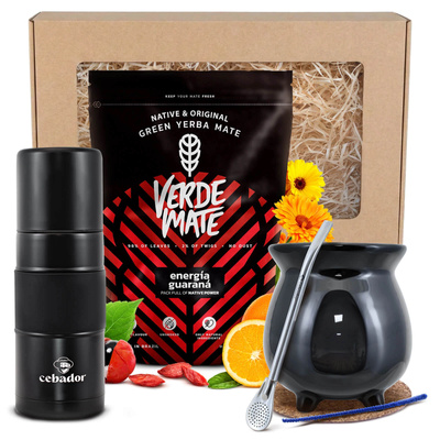 Gavesæt Yerba Mate: Verde Mate Energía Guaraná 0,4kg + Yerbomos X + Kalabas + Bombilla