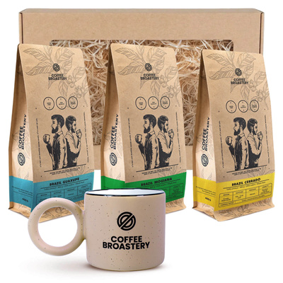 Gavesæt fra Bro Coffee Roastery: 3× brasiliansk kaffe + krus