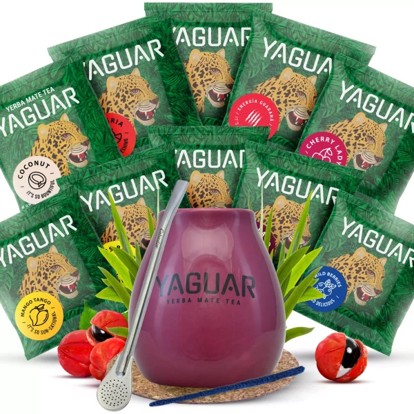 Sæt Yerba Mate Yaguar 10x50g Calabash Bombilla
