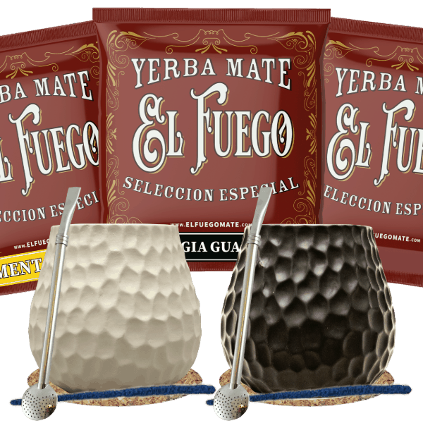 Yerba Mate-sæt til to: prøver El Fuego 3x50g + 2x Kalabas + 2x Bombilla