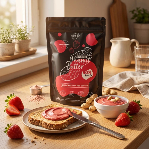 Sæt med jordnøddesmørpulver Nustino: Classic + Strawberry 2x400g