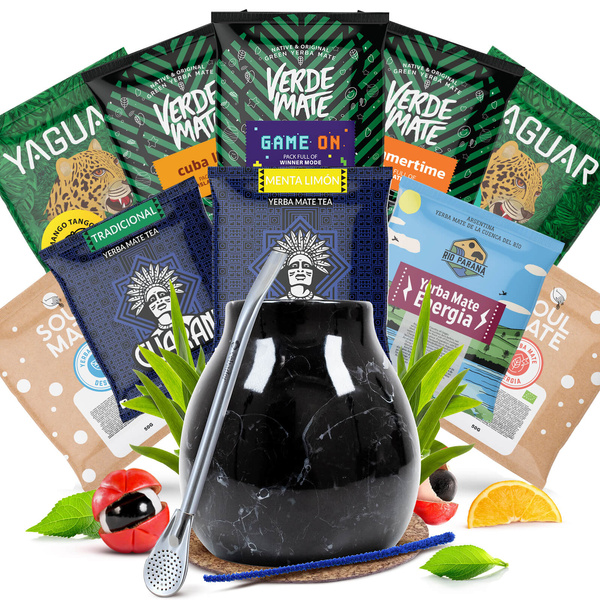 Yerba Mate-sæt: prøver 10x50g + Kalabas + Bombilla