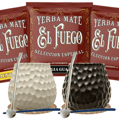 Yerba Mate-sæt til to: prøver El Fuego 3x50g + 2x Kalabas + 2x Bombilla