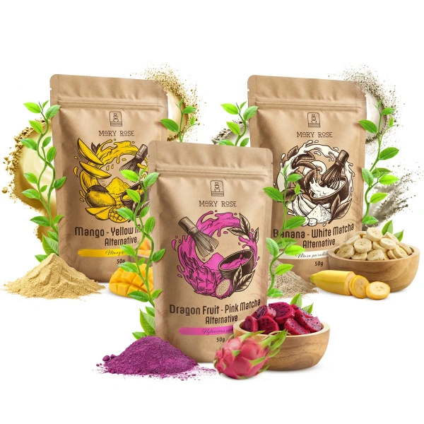 Sæt med farverige matchaer: Yellow Matcha + Pink Matcha + White Matcha