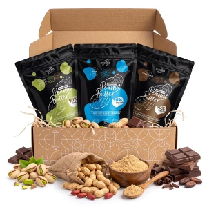 Gavesæt med peanutbutter i pulverform Nustino: Pure + Chocolate + Pistachio & Chocolate 3x400g