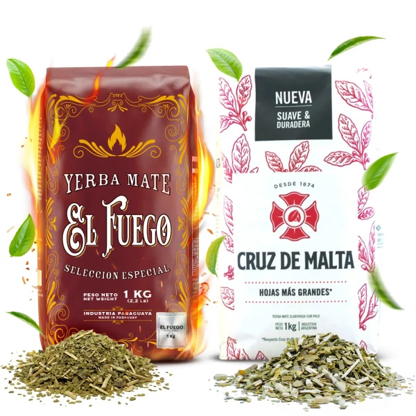 Yerba Mate Elaborada-sæt: El Fuego 1kg + Cruz de Malta 1kg