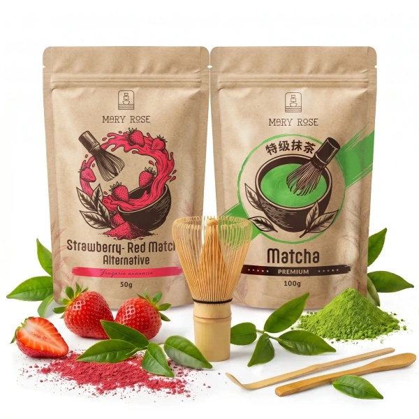 Sæt til farverig Matcha Latte: Matcha + Red Matcha + tilbehør