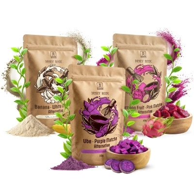 Sæt med farverige matchaer: Purple Matcha + White Matcha + Pink Matcha