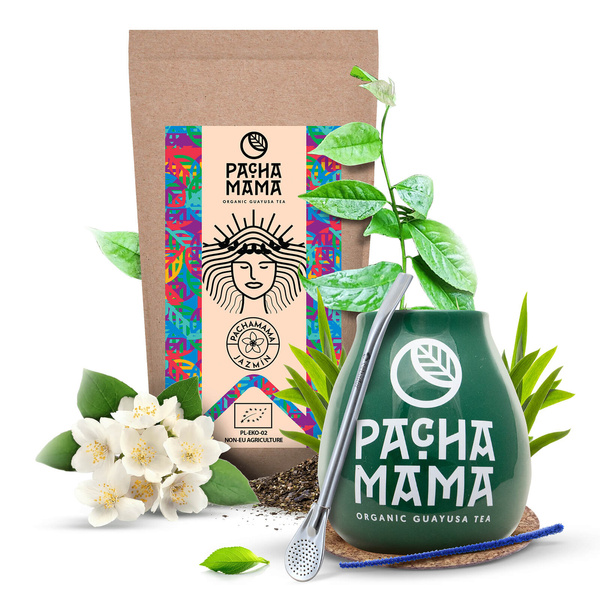 Sæt Guayusa Pachamama Jazmín 100g + Kalabas + Bombilla