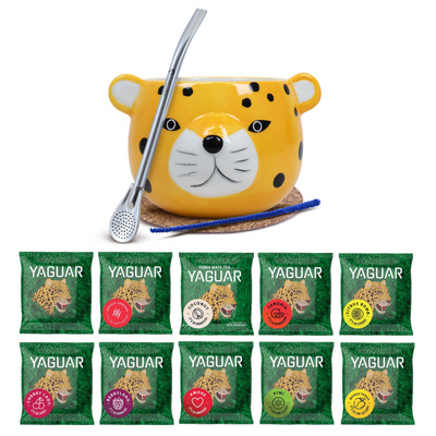 Yerba Mate-sæt: prøver Yaguar 10x50g + Kalabas + Bombilla