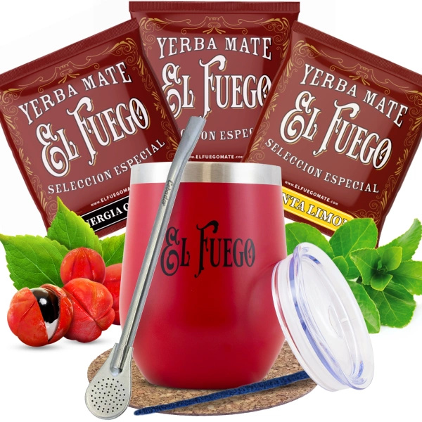 Yerba Mate El Fuego-sæt: prøver 3x50g + TermoLid + Bombilla