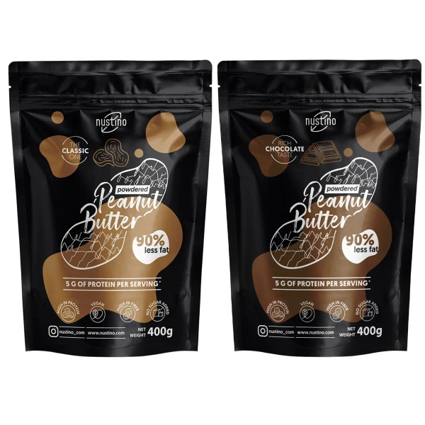 Sæt med jordnøddesmørpulver Nustino: Classic + Chocolate 2x400g