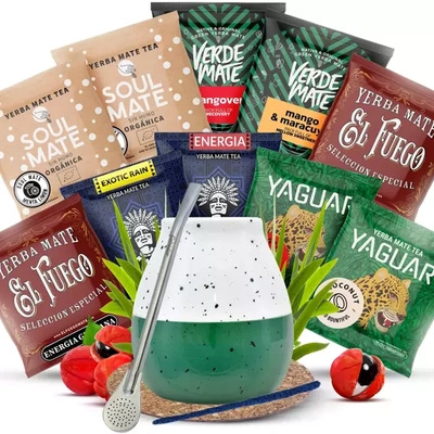 Yerba Mate sæt 10x50g Kalabas + Bombilla