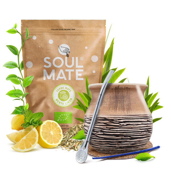 Yerba Mate Sæt Soul Mate Organica Menta Limon 500g 0,5kg Kalabas + Bombilla