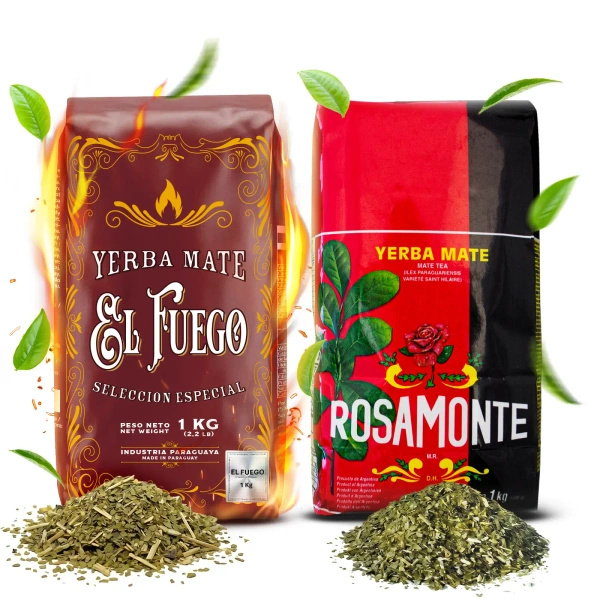 Yerba Mate Elaborada-sæt: El Fuego 1kg + Rosamonte 1kg