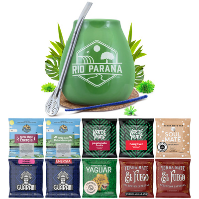 Yerba Mate 10x50g 500g prøvesæt + tilbehør