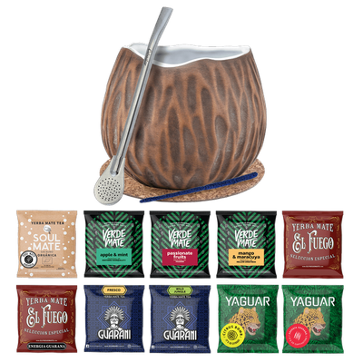 Yerba Mate-sæt 10x50g Calabash Coconut Bombilla 500g