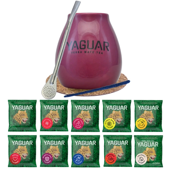 Sæt Yerba Mate Yaguar 10x50g Calabash Bombilla