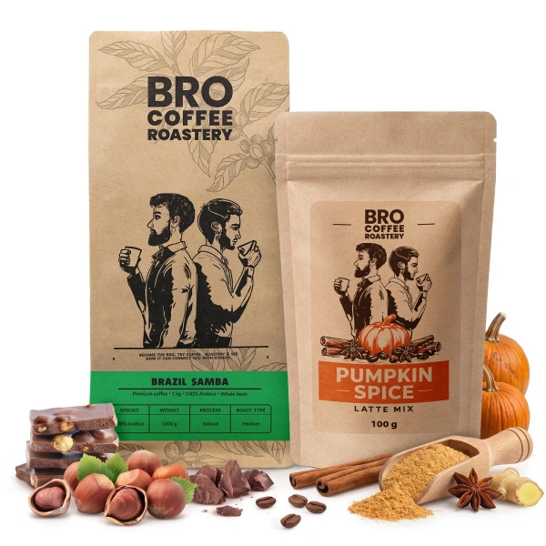 Sæt til Pumpkin Spice Latte: kaffe Bro Coffee Roastery Brazil Samba 1kg + Pumpkin Spice Latte Mix 100g