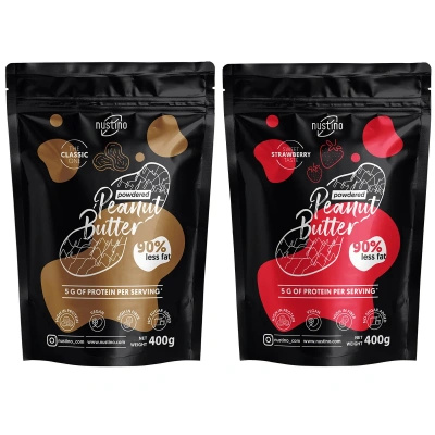 Sæt med jordnøddesmørpulver Nustino: Classic + Strawberry 2x400g