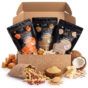 Gavesæt med peanutbutter i pulverform Nustino: Classic + Salted Caramel + White Chocolate & Coconut 3x400g