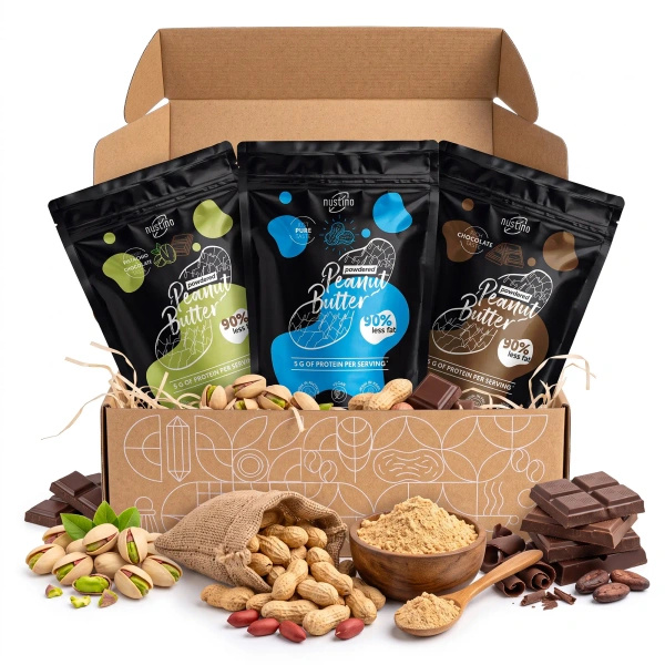 Gavesæt med peanutbutter i pulverform Nustino: Pure + Chocolate + Pistachio & Chocolate 3x400g