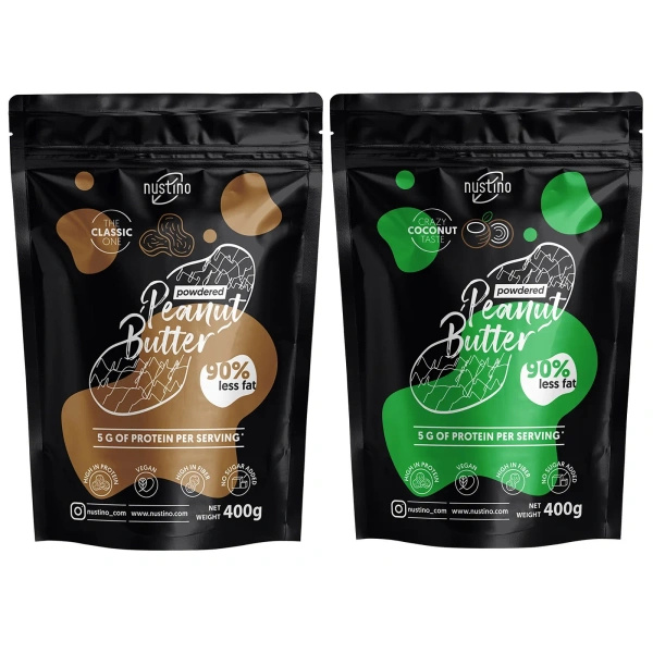 Sæt med jordnøddesmørpulver Nustino: Classic + Coconut 2x400g