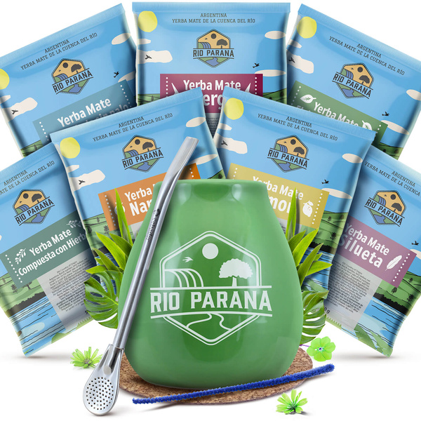 Yerba Mate Rio Parana 7x50g prøvesæt + tilbehør