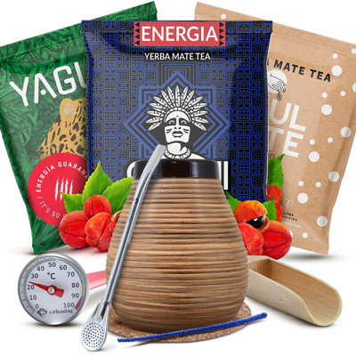 Yerba Mate-sæt: prøver 3x50g + Honning-kop + bombilla