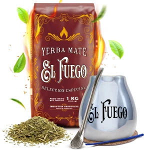 Yerba Mate-sæt: El Fuego Elaborada 1kg + Kalabas + Bombilla