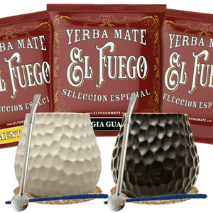 Yerba Mate-sæt til to: prøver El Fuego 3x50g + 2x Kalabas + 2x Bombilla