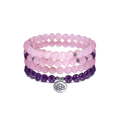 Armbånd Mala med ametyst og rosakvarts – Lotus Flower