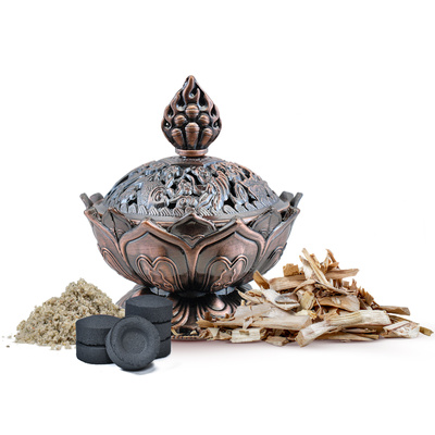 Sæt med palo santo premium-spåner, røgelsesbrænder og røgelseskul