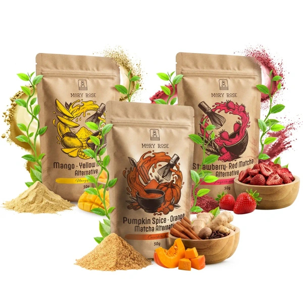 Sæt med farverige matchaer: Red Matcha + Orange Matcha + Yellow Matcha
