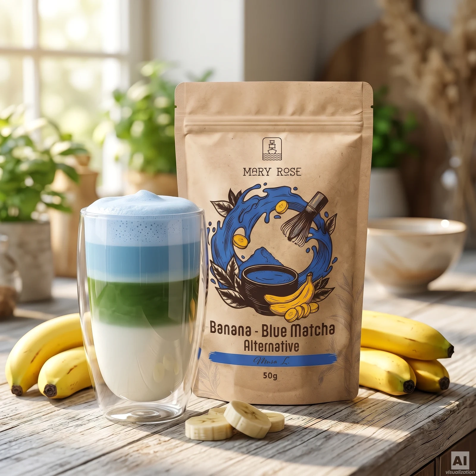 Trefarvet Blue Banana Matcha Latte med Mary Rose Blue Matcha Alternative Banan
