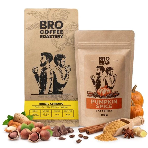 Sæt til Pumpkin Spice Latte: kaffe Bro Coffee Roastery Brazil Cerrado 1kg + Pumpkin Spice Latte Mix 100g